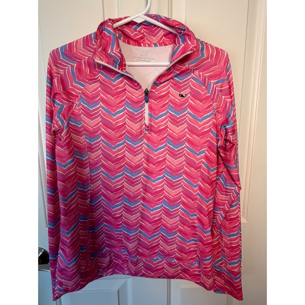 Vineyard Vines Performance 1/4 Zip Pullover Pink Blue Chevron Wave Womens Small